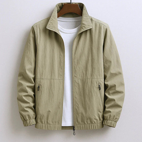 Close-up of men's casual jacket showing stand collar and full-length zip detail