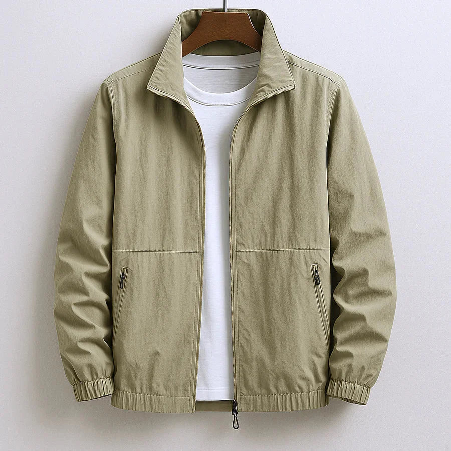 Side view of men's zip-up jacket highlighting relaxed fit and side zip pocket