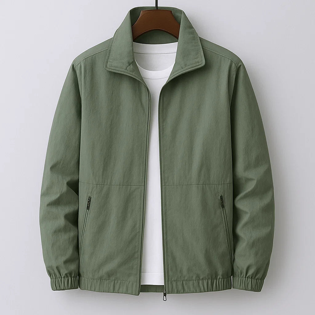 Rear view of men's casual jacket showing elasticated hem and tailored back panel