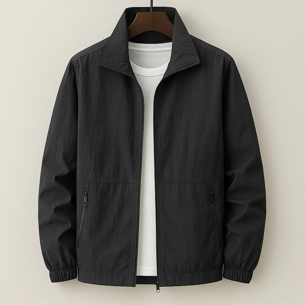 Men's navy casual jacket displayed flat showing relaxed silhouette and design features
