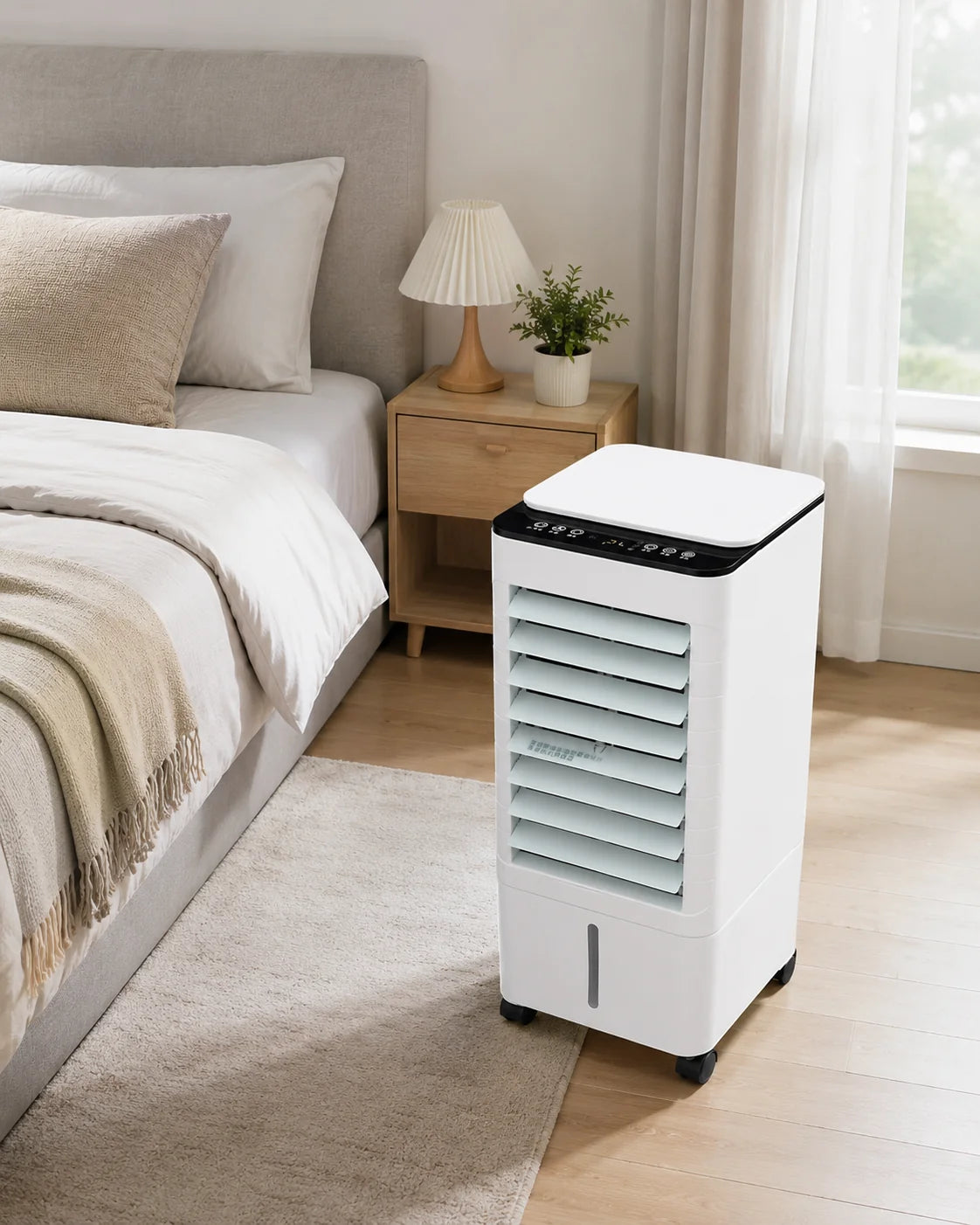 Compact air cooler unit showing top-mounted digital control panel and quiet operation design for home use