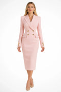 Women's blazer midi dress in pink with double-breasted gold button detail and notch lapels