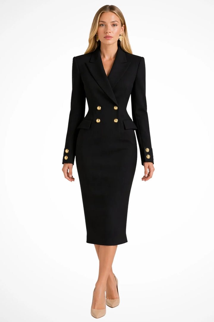 Side view of tailored midi-length blazer dress with fitted waist and pencil skirt