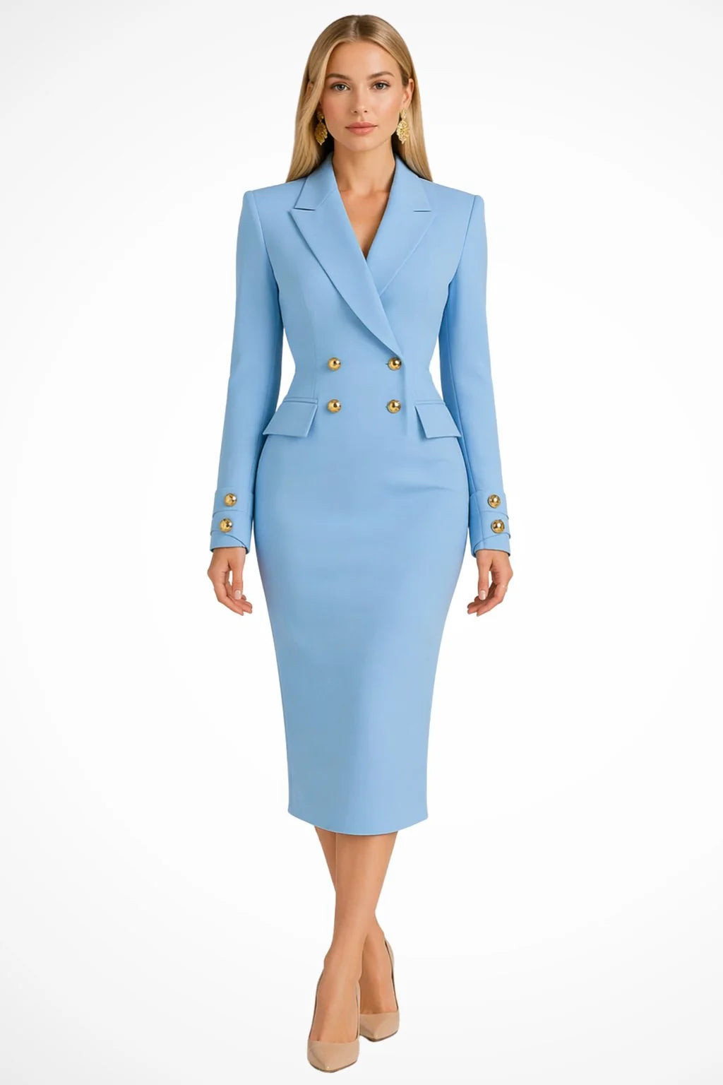 Detail of long sleeves with gold button cuffs on women's blazer dress