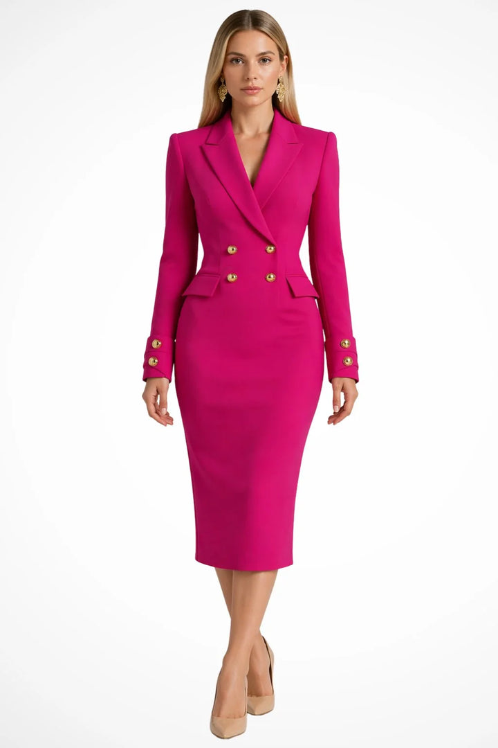 Full-length view of double-breasted blazer midi dress in pink shade