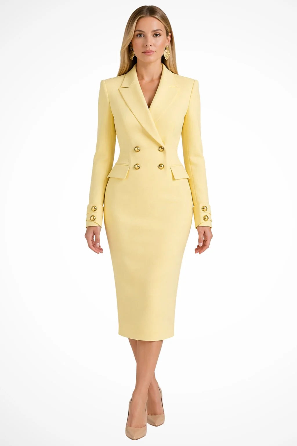 Back view of structured women's blazer midi dress with tailored silhouette