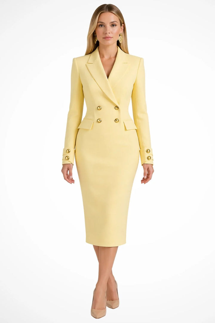 Back view of structured women's blazer midi dress with tailored silhouette