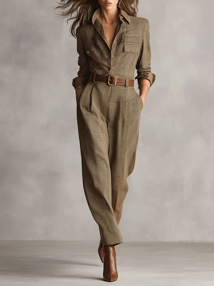 Women's checked tailored jumpsuit with notched lapel, belted waist, and tapered trousers in neutral tones