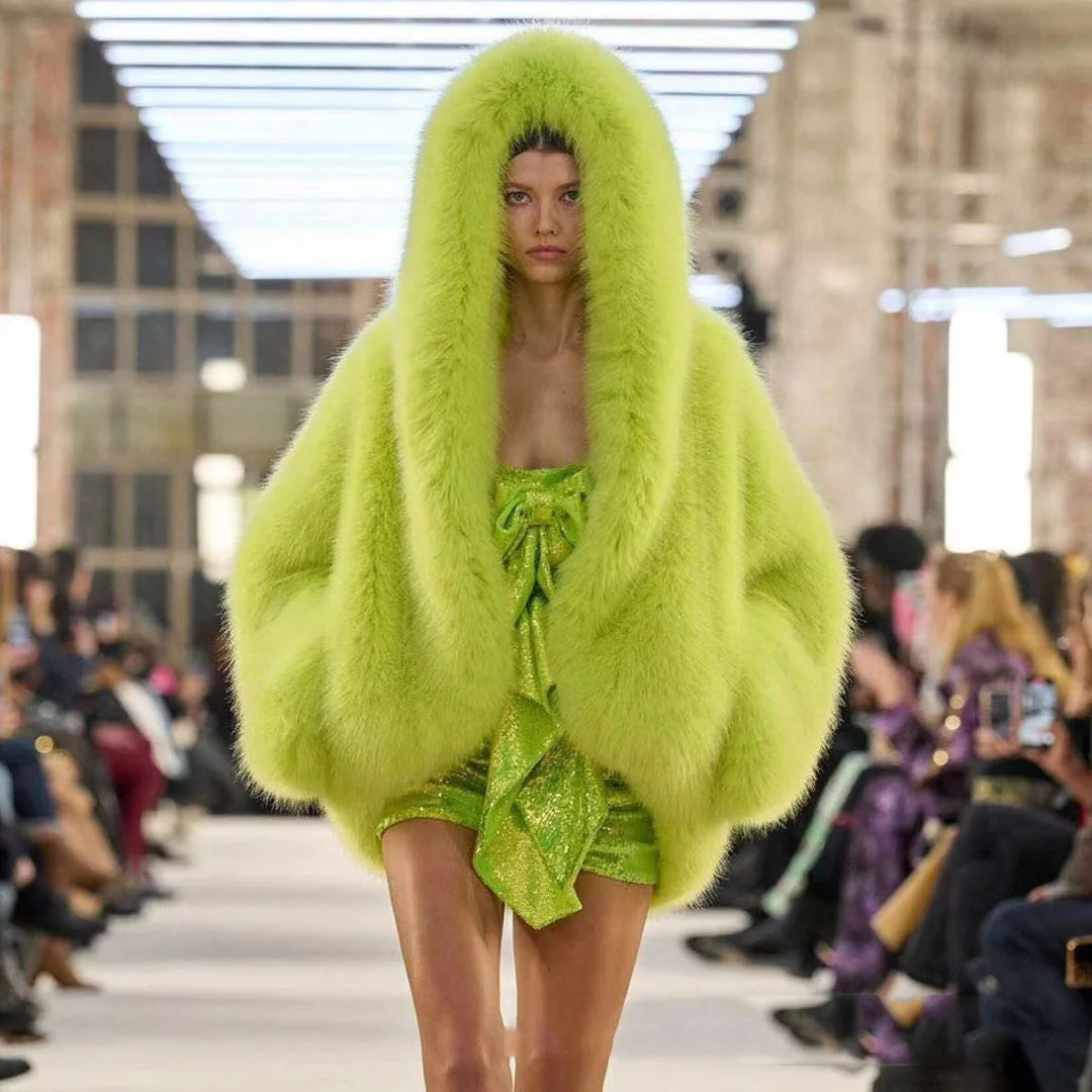 Women's hooded faux fur coat in chartreuse with oversized draped silhouette and open-front design