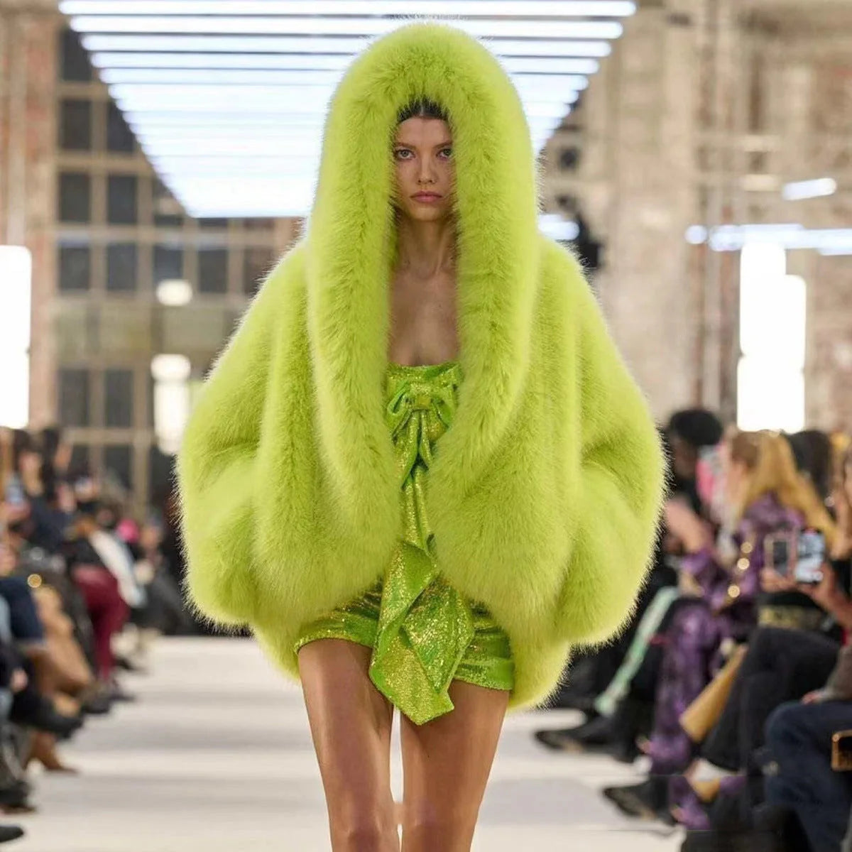 Women's hooded faux fur coat in chartreuse with oversized draped silhouette and open-front design
