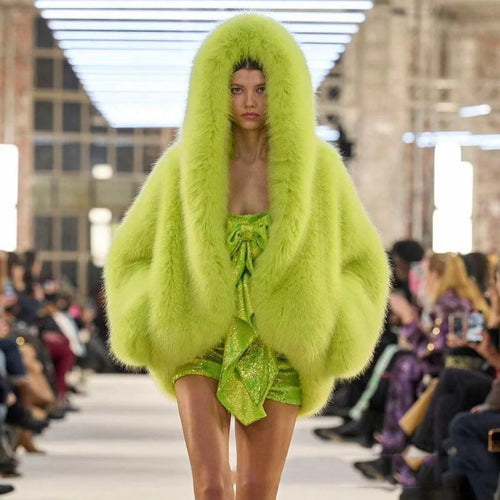 Women's hooded faux fur coat in chartreuse with oversized draped silhouette and open-front design
