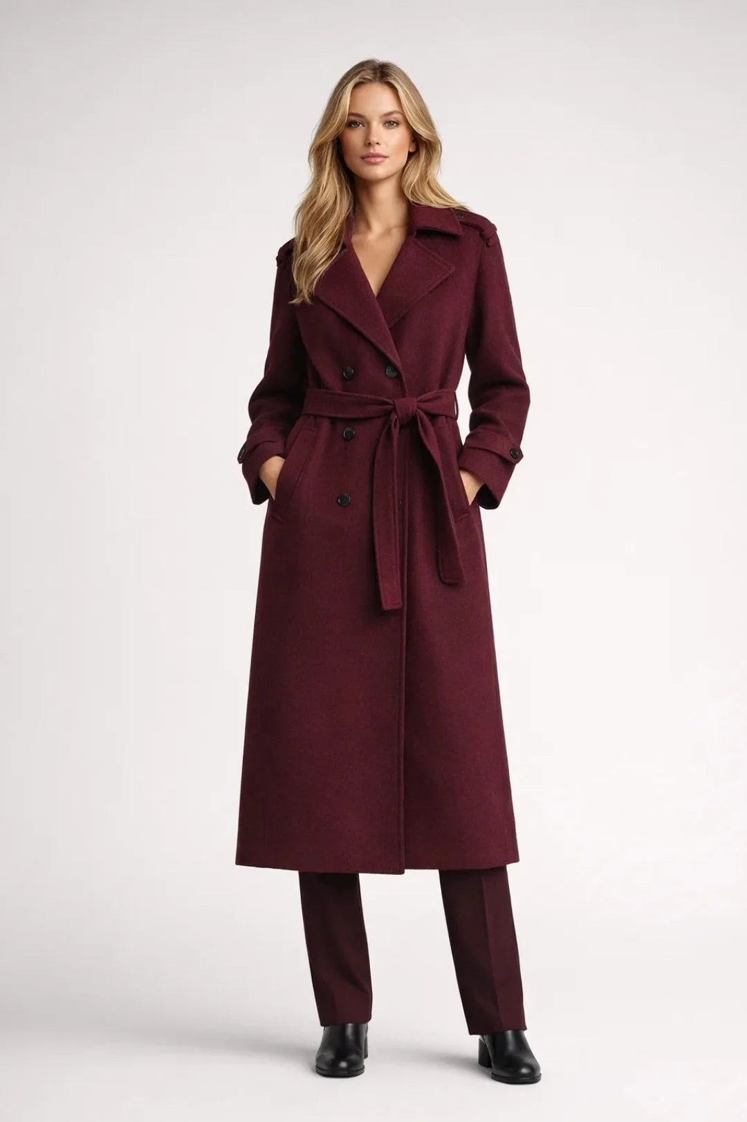 Women's long burgundy trench coat with double-breasted closure and tie belt, ankle-length silhouette with notched lapels