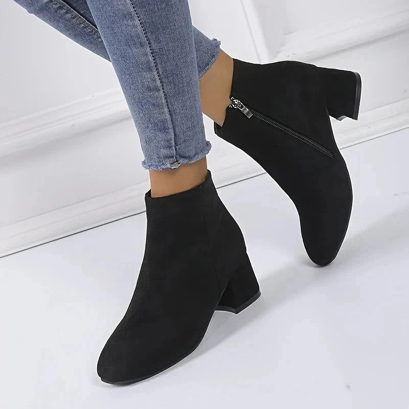 Women's suede ankle boots in tan with mid-height block heel and square toe detail