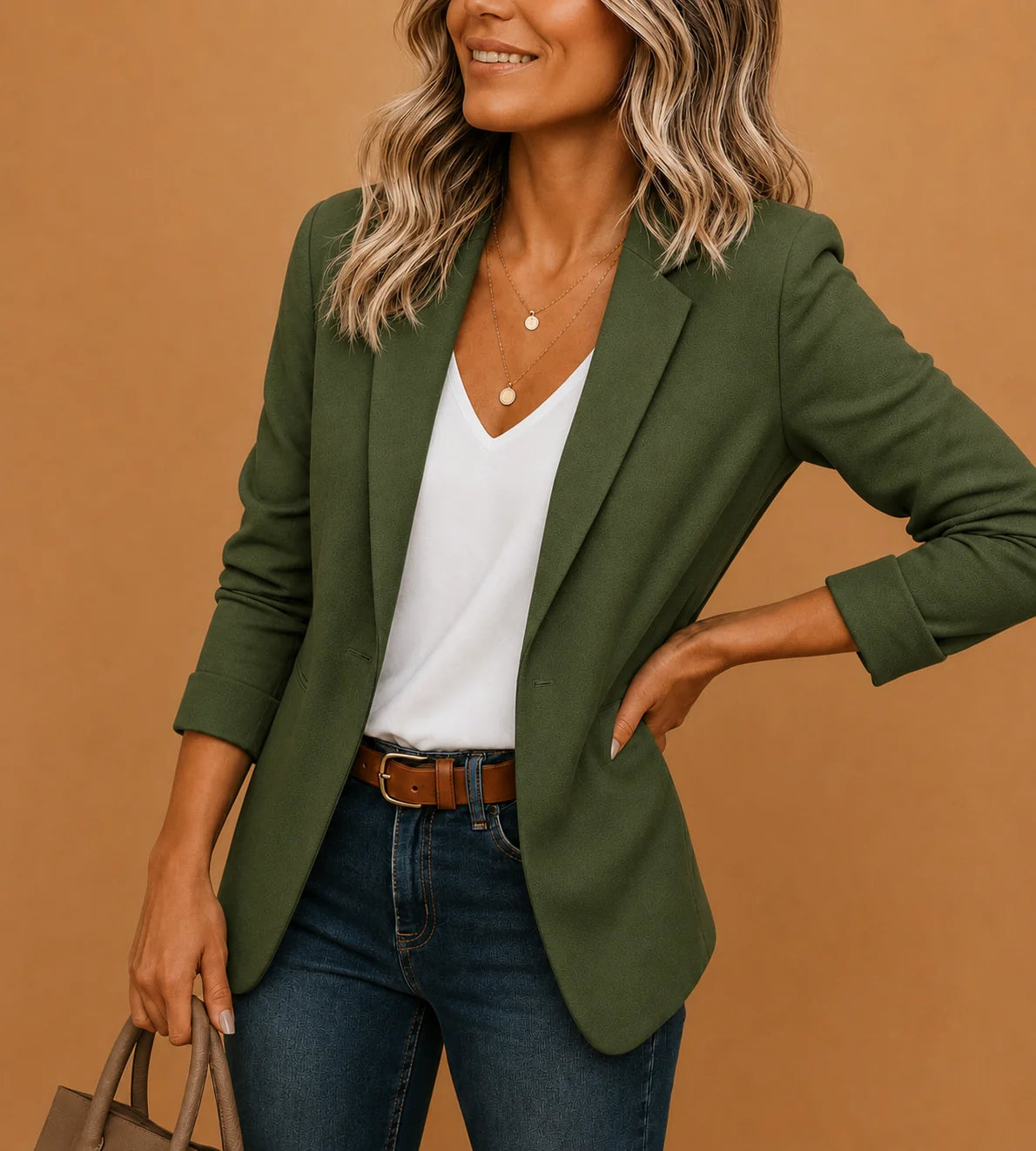 Full-length view of women's tailored blazer with slim-cut design and structured shoulders