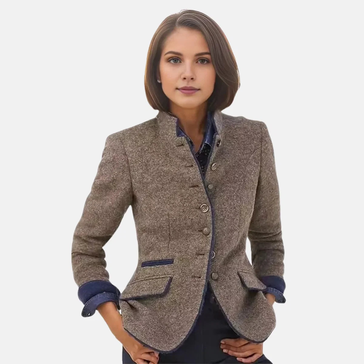 Women's tailored blazer in brown with stand collar and contrast navy trim detail at cuffs
