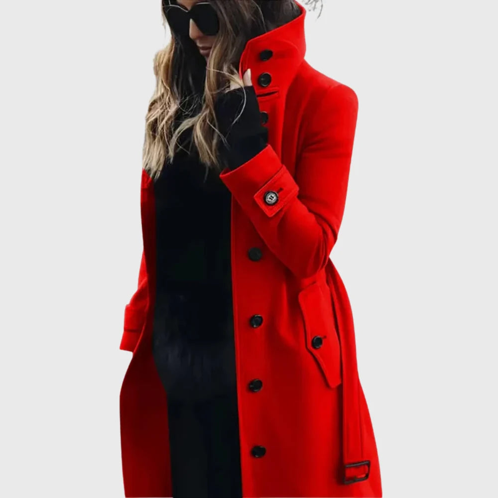 Close-up of women's trench coat button front closure and structured fabric finish