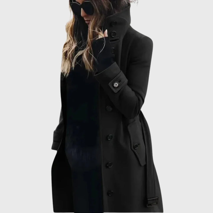 Women's stand collar trench coat in beige styled with black outfit underneath