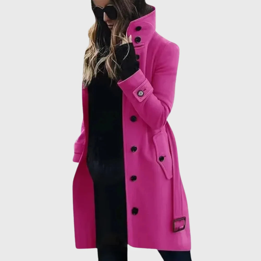Detail of women's trench coat high stand collar and single-breasted button alignment