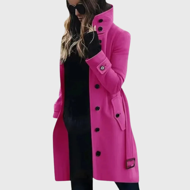 Detail of women's trench coat high stand collar and single-breasted button alignment