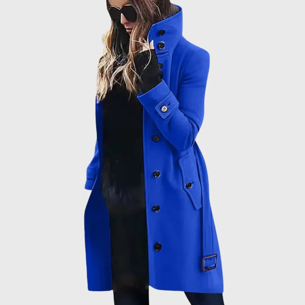 Women's trench coat with adjustable cuff straps and vertical button closure detail
