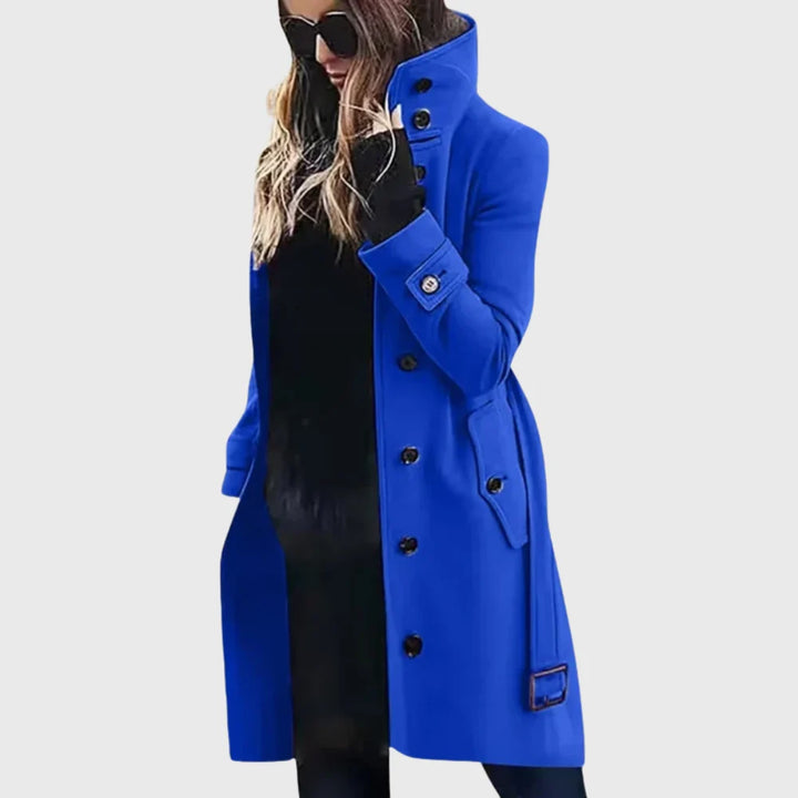 Women's trench coat with adjustable cuff straps and vertical button closure detail