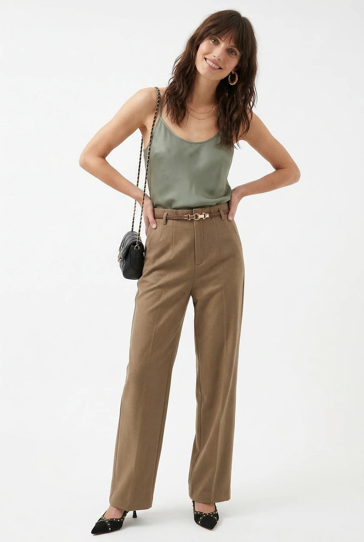 Side profile of wide leg wool trousers showing full length and crisp tailoring