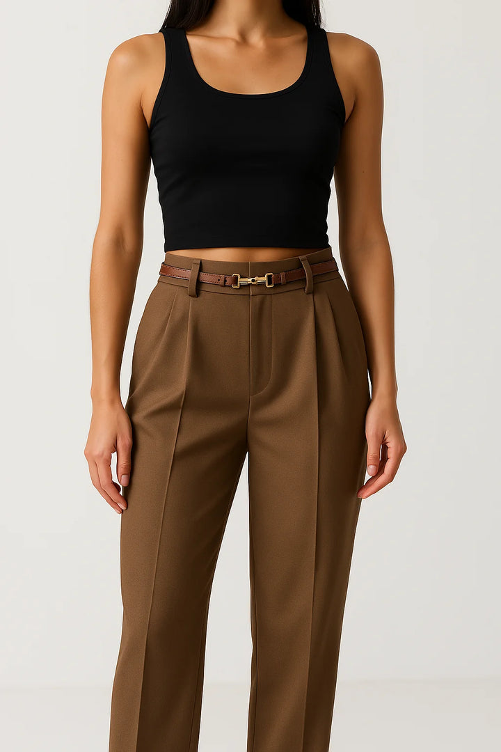 Detail of wool trousers front creases and structured fabric construction