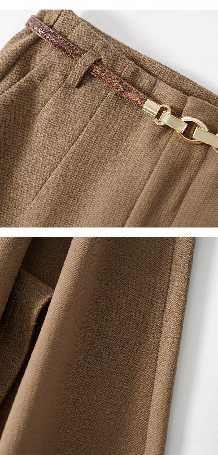 Full length view of women's beige wool trousers with wide leg cut