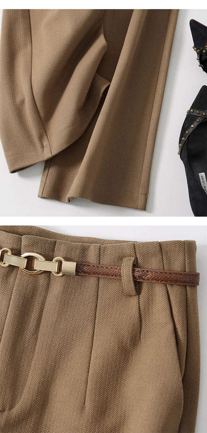 Wide leg wool trousers with pressed front creases and belt loops