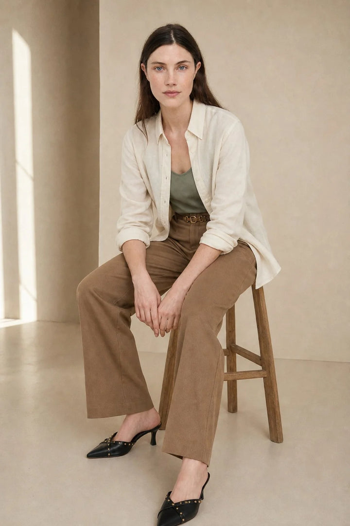 Side view of high waist wool trousers with full length cut and structured fabric drape