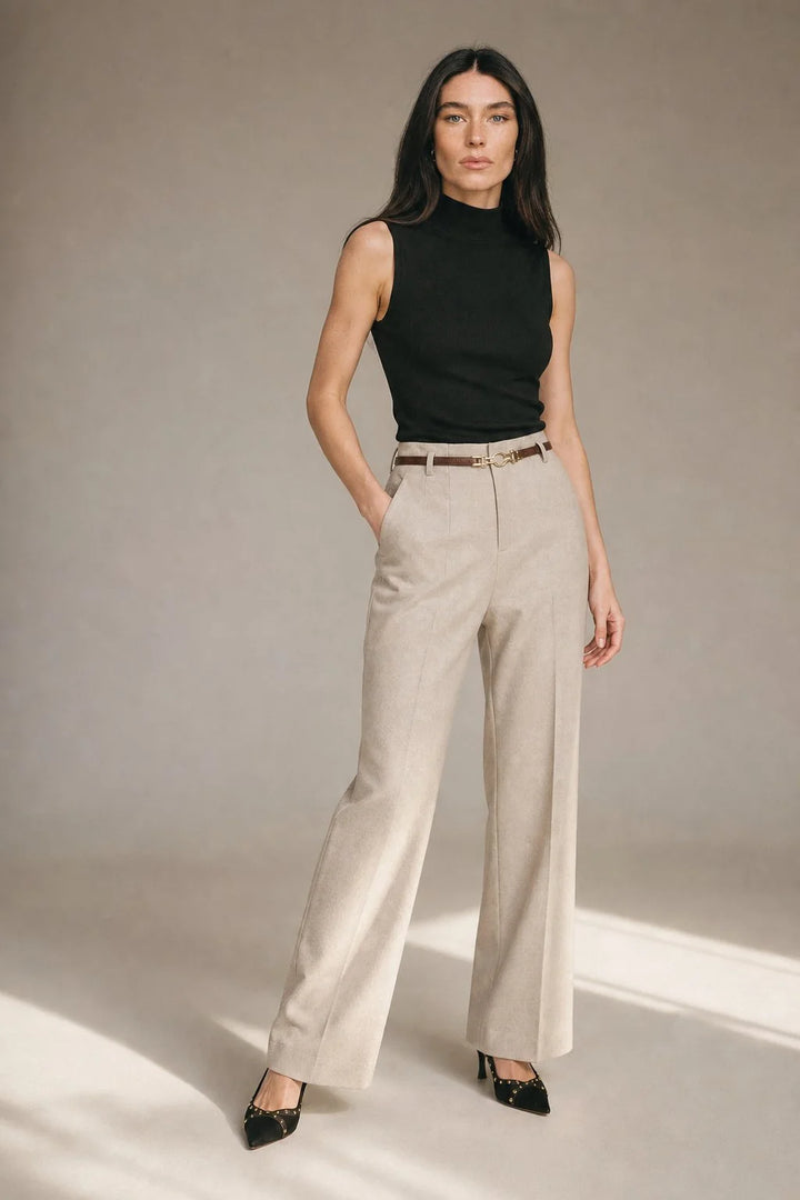 Back view of wide leg wool trousers showing tailored fit and clean lines