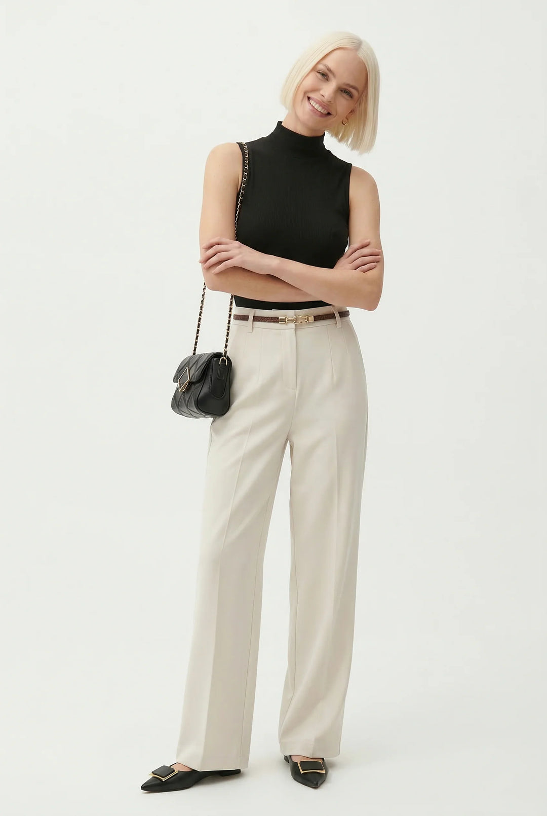 Close-up of wool trousers fabric showing smooth finish and structured drape