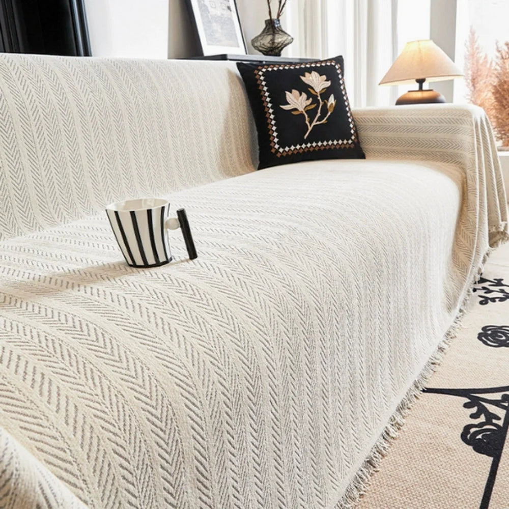 Herringbone chenille sofa throw covering armchair with anti-slip backing and soft heavyweight fabric construction