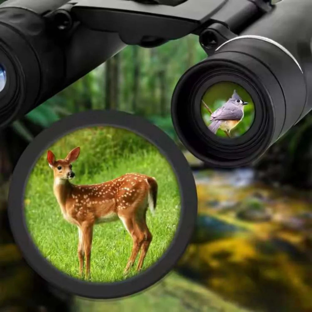Compact black binoculars with 40x magnification being used for birdwatching by a lake