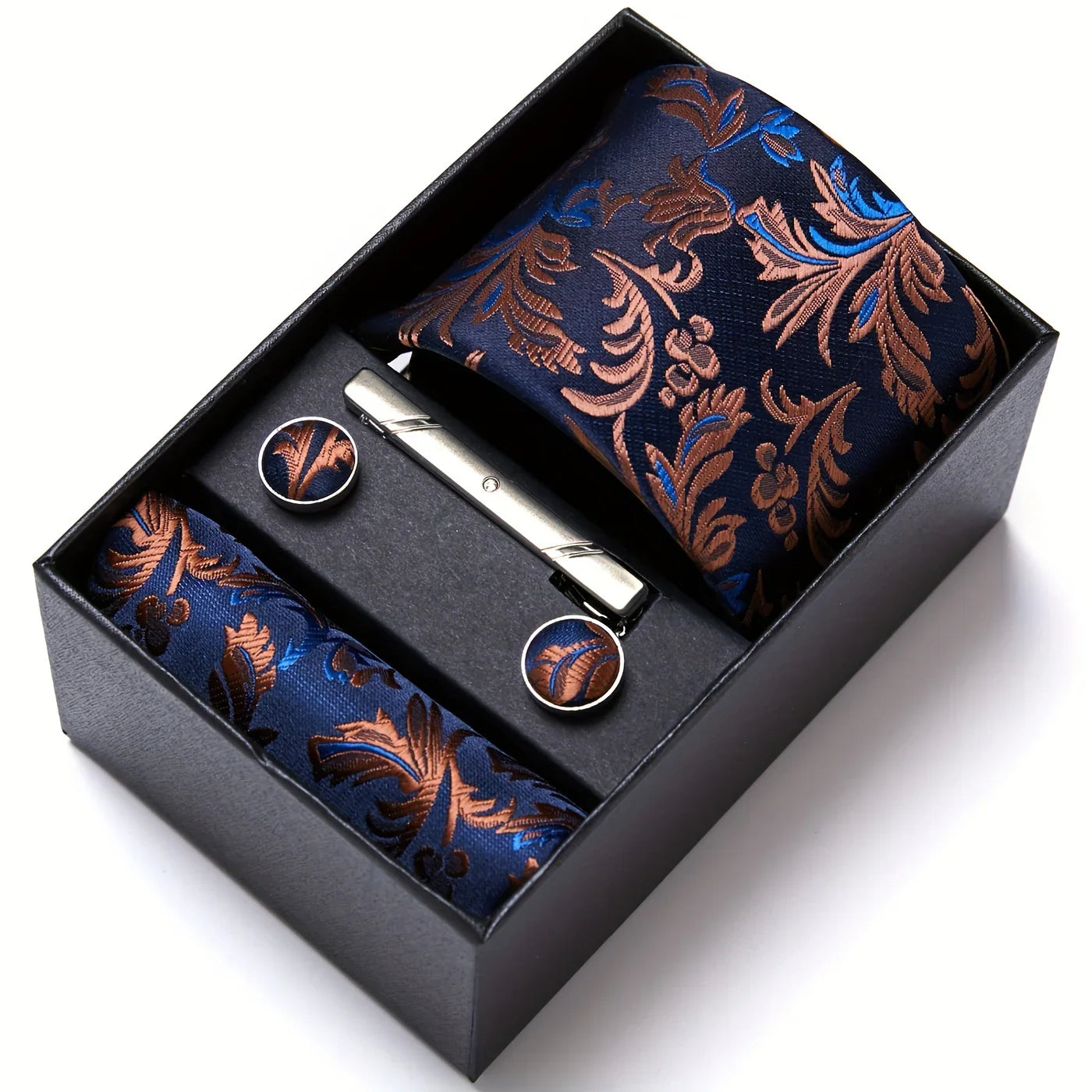 Men's paisley tie gift set with navy tie, pocket square, tie clip and cufflinks in presentation box