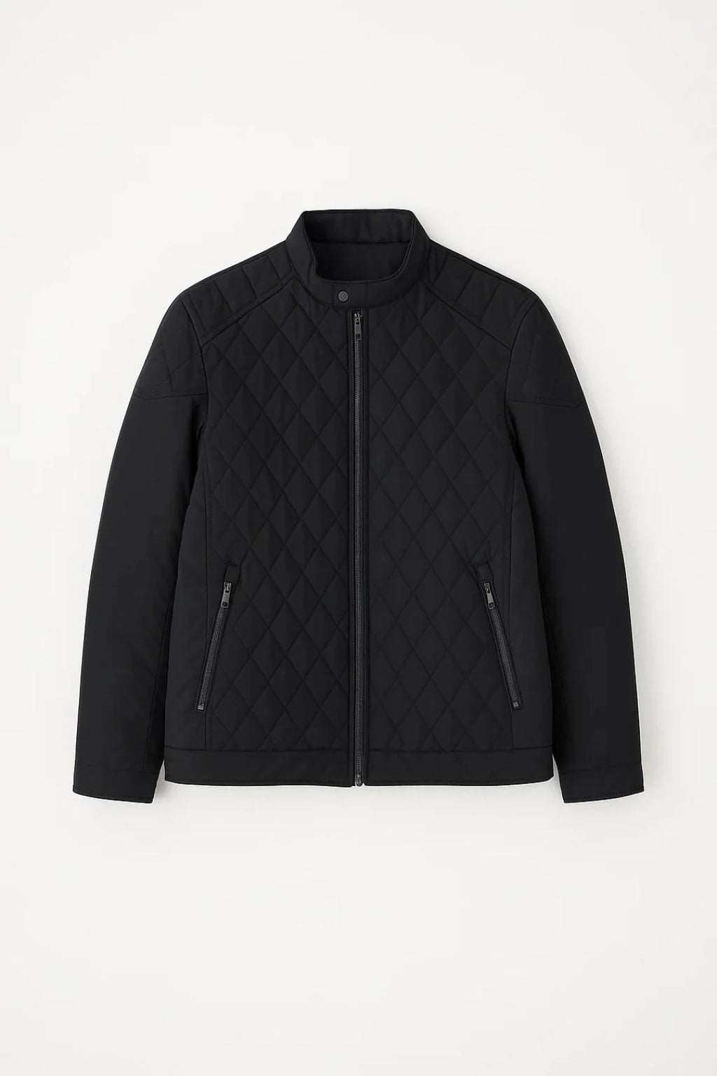 Close-up of men's quilted jacket showing diamond stitch pattern and full zip closure detail