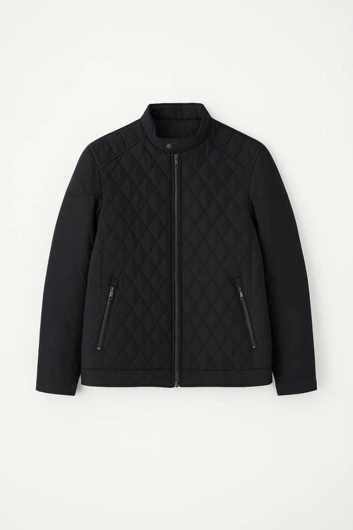 Close-up of men's quilted jacket showing diamond stitch pattern and full zip closure detail