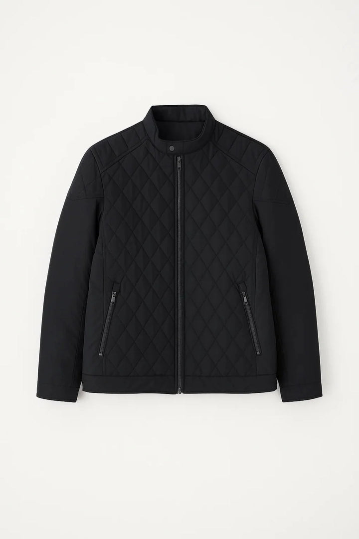 Close-up of men's quilted jacket showing diamond stitch pattern and full zip closure detail