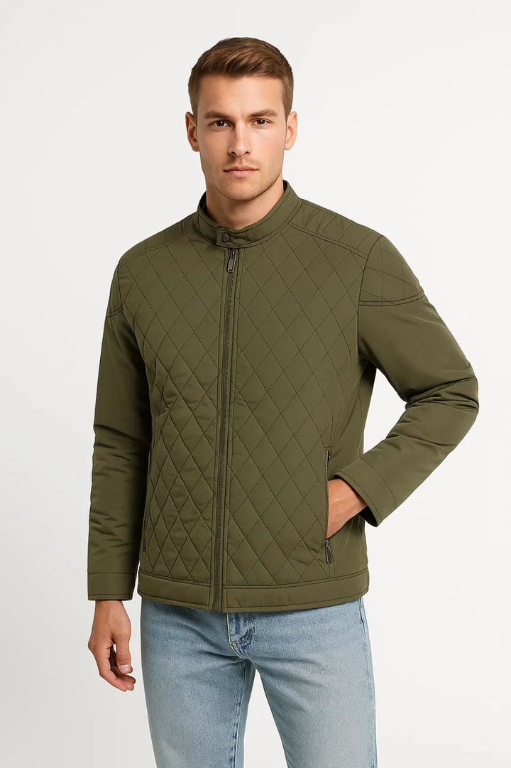 Side view of men's black quilted jacket with structured fit and side zip pocket