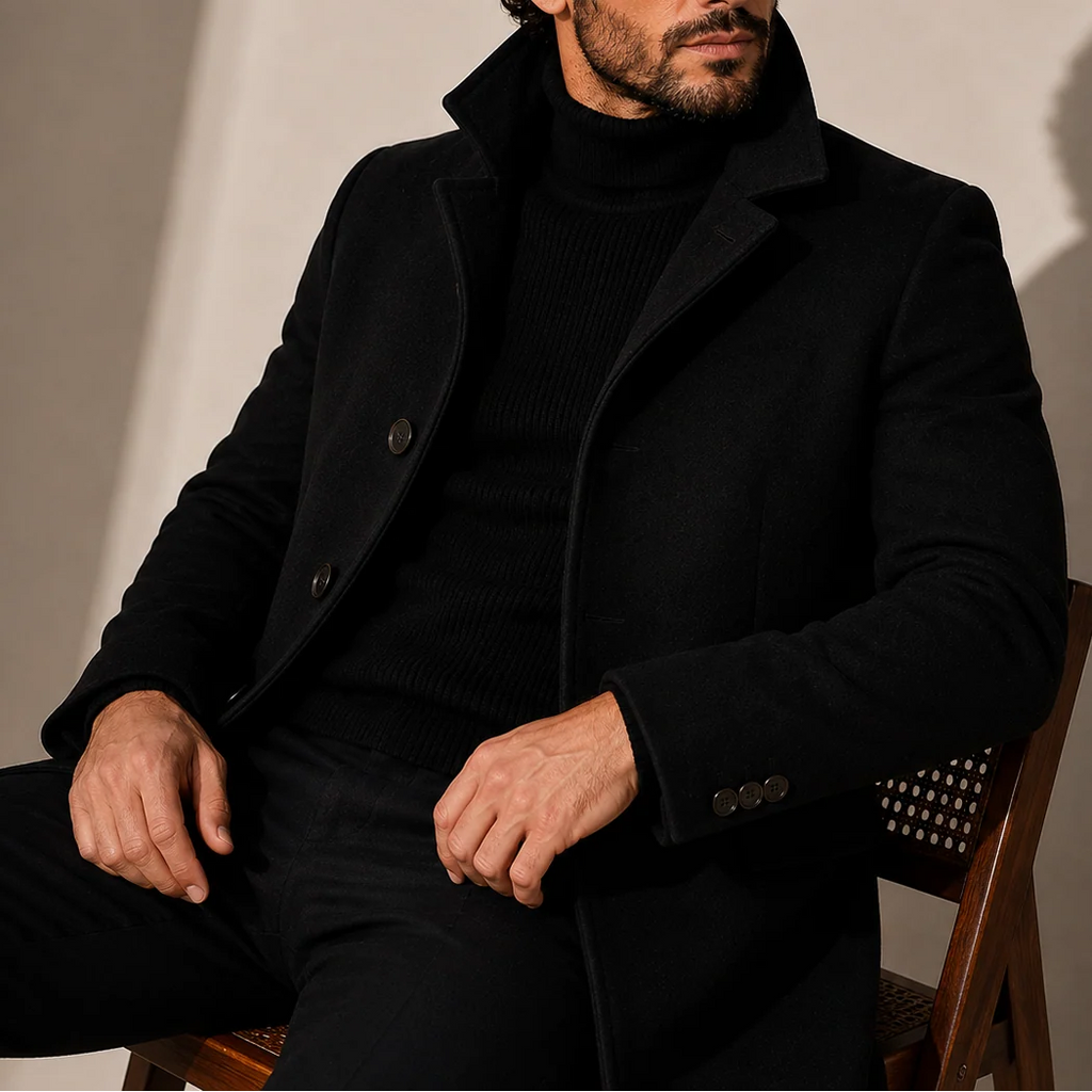 Close-up view of men's tailored coat showing structured stand collar and button detailing