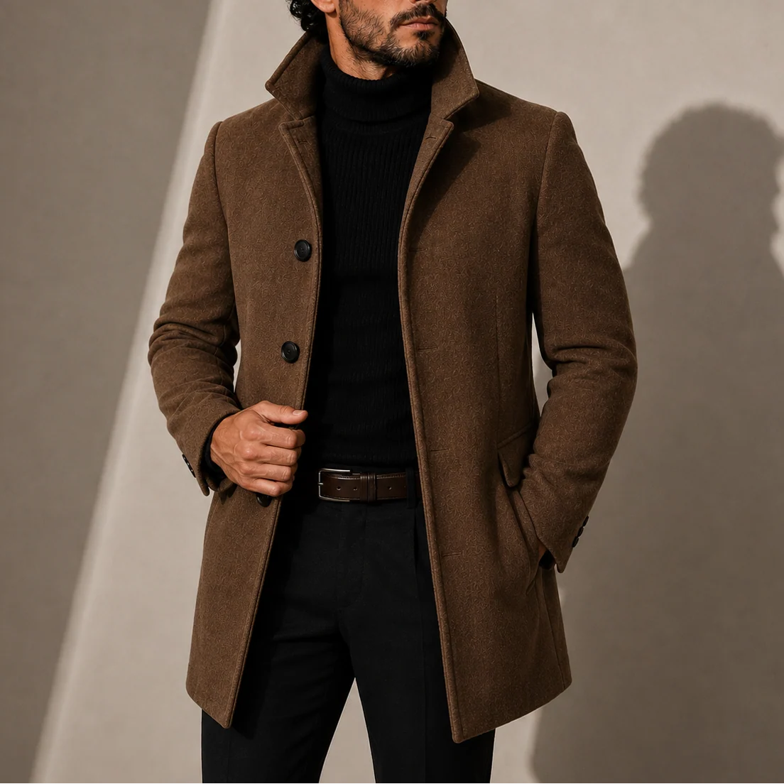 Men's tailored coat worn with trousers showing practical side pockets and refined drape