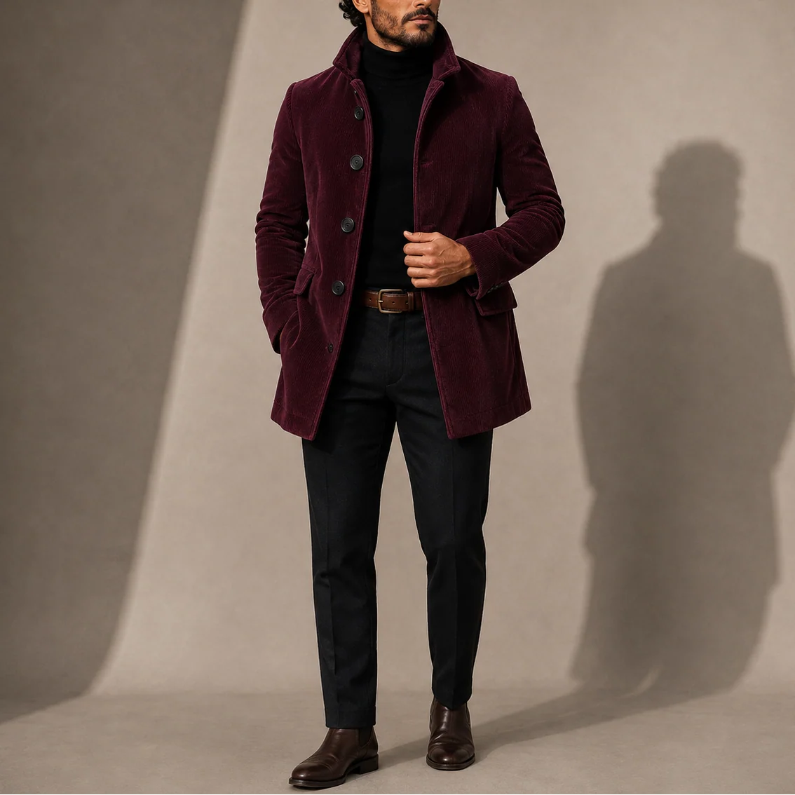 Detail shot of men's tailored coat button-front closure and smooth fabric finish