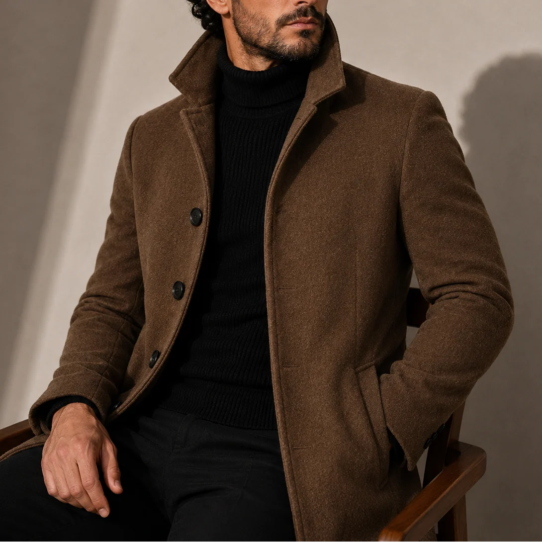 Full-length view of men's tailored coat showcasing clean lines and contemporary fit