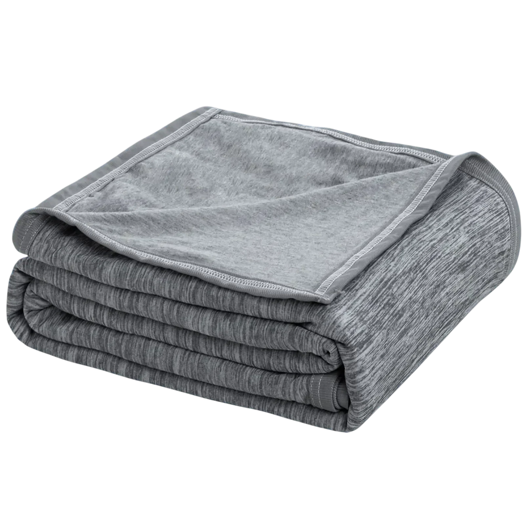 Grey dual-sided cooling blanket with ribbed knit texture and contrast stitching folded on black background