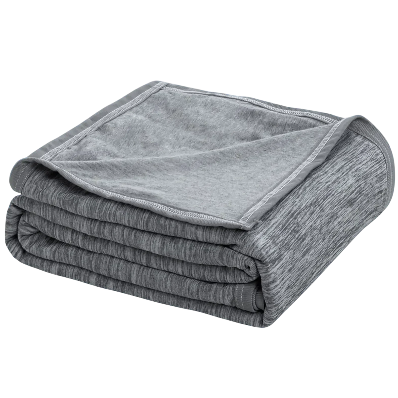 Grey dual-sided cooling blanket with ribbed knit texture and contrast stitching folded on black background
