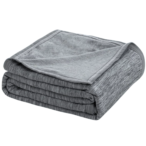 Grey dual-sided cooling blanket with ribbed knit texture and contrast stitching folded on black background