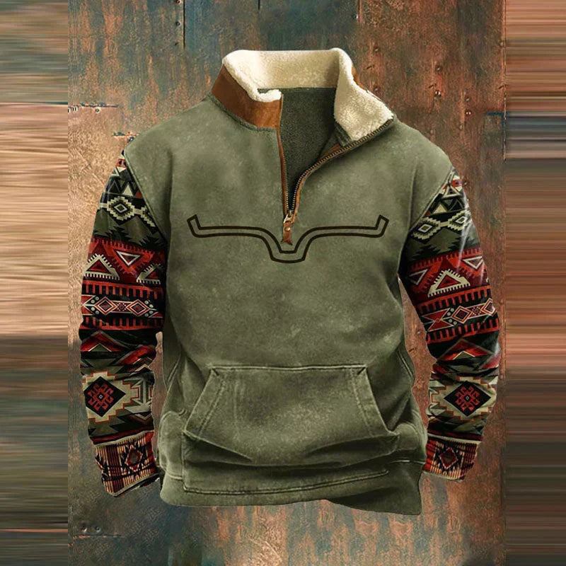 Men's olive green fleece quarter-zip pullover with sherpa collar and geometric print sleeves displayed on mannequin