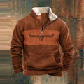 Close-up view of men's fleece pullover showing quarter-zip closure and contrast stitching detail