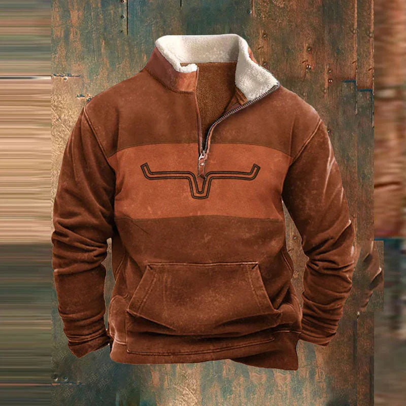 Close-up view of men's fleece pullover showing quarter-zip closure and contrast stitching detail