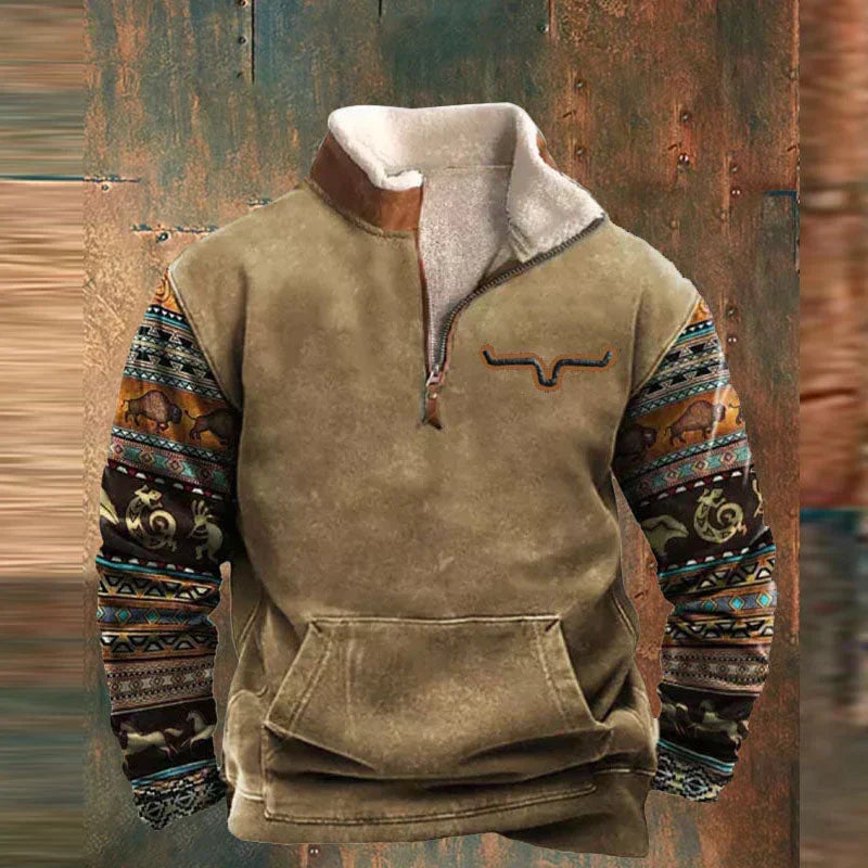Side angle of men's geometric print sleeve fleece pullover with kangaroo pocket